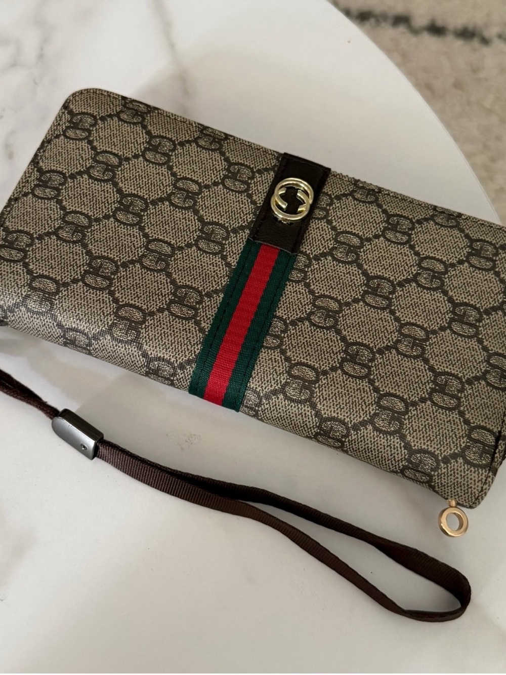 Designer Monogram Zip Wallet Wristlet in Beige with Green and Red Stripe